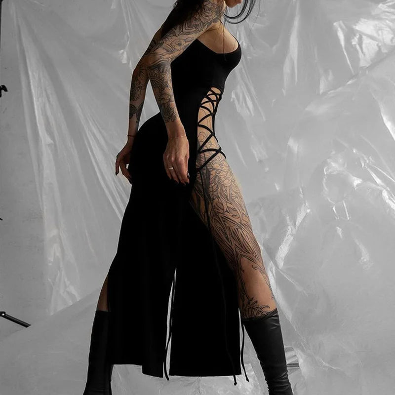 Goth Dark Cosplay High Split Sexy Bandage Women Dresses Y2K Mall Gothic Halter Slim Midi Dress Black Grunge Style Alt Partywear