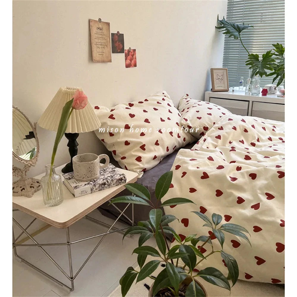 Korean Style Bedding Set Kid Adult Twin Full Queen Size Bed Flat Sheet Set Pillowcase Bed Linen Love Heart Duvet Cover Secondary image