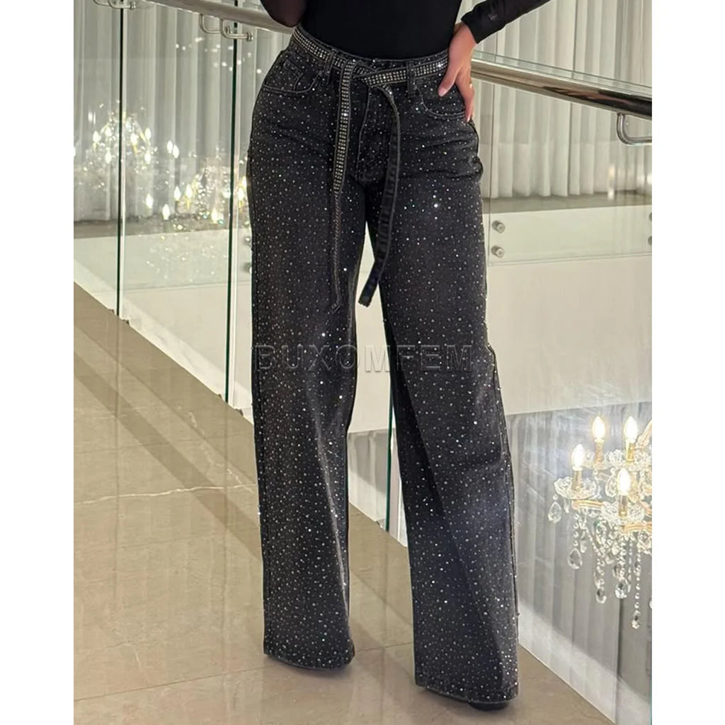 Women's Wide Leg Loose Jeans Drilled Straight Leg Pants 2026 Stylish Baggy Trousers Ladies Fashion Y2K Streetwear Outfit Bottoms
