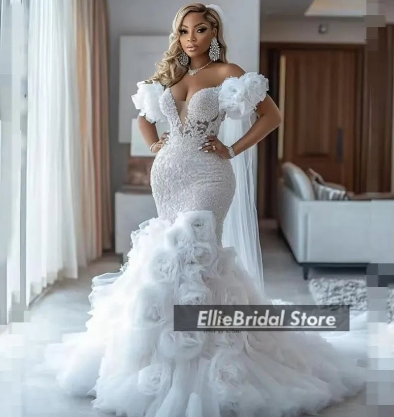 Gorgeous Wedding Dresses Luxury 2025 & 2026 Flowers African Mermaid Bridal Gowns Off The Shoulder Lace Beading Vestido Novia Customized Main image