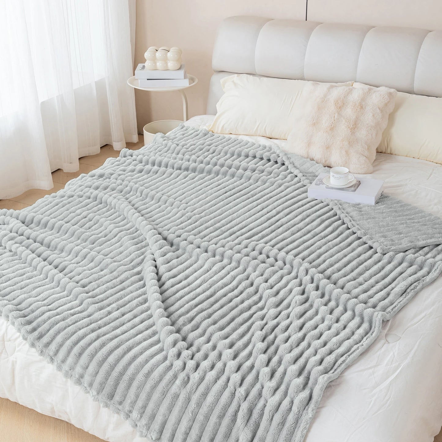 1pc solid color thick wide stripe multifunctional blanket, can be used as bed sheet covering blanket, nap blanket, pet blanket