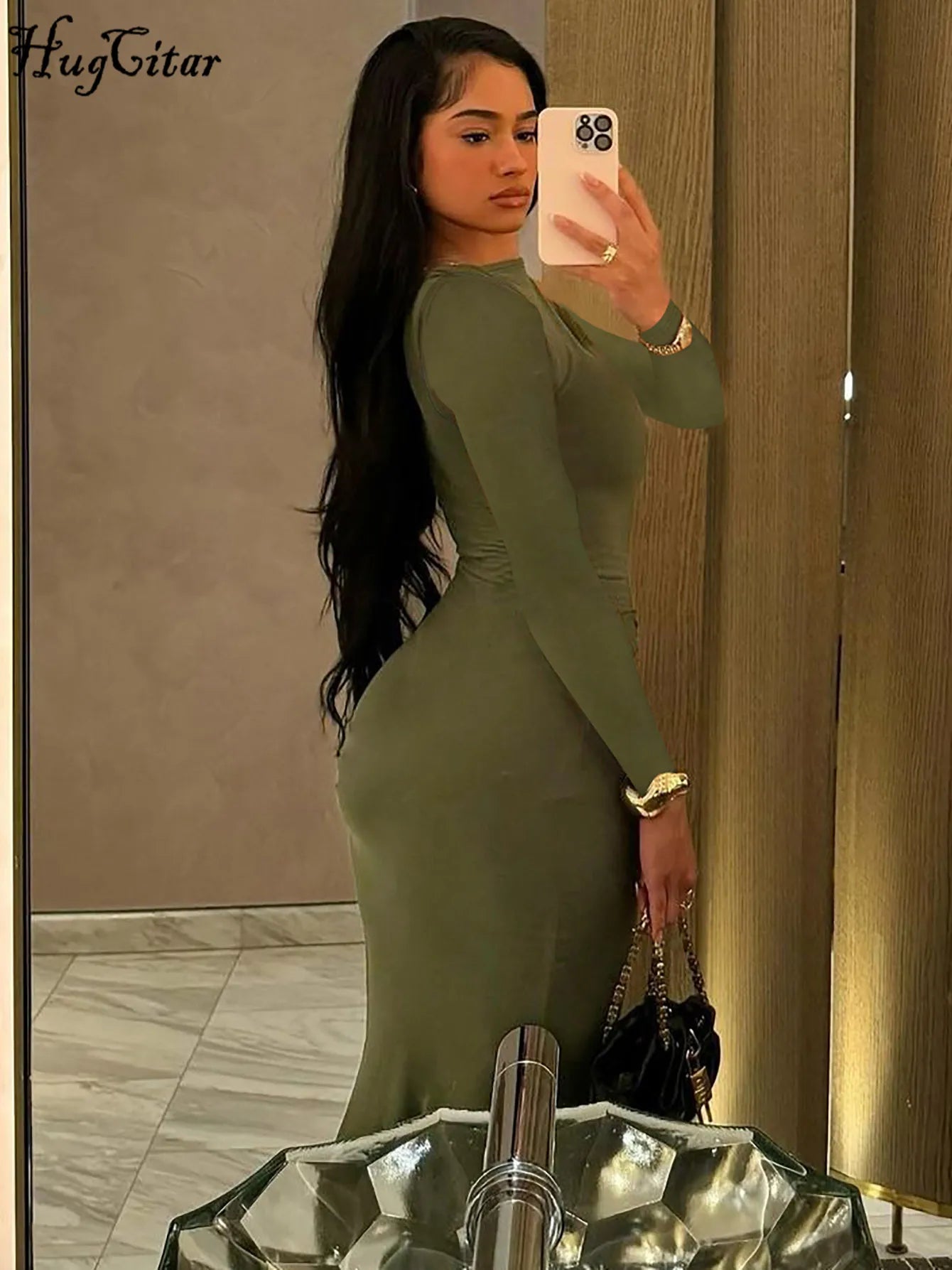 Hugcitar Autumn Solid Long Sleeve Draped Sexy Bodycon Maxi Prom Dress Women Fashion Y2K Outfits Evening Party Festival Club Secondary image