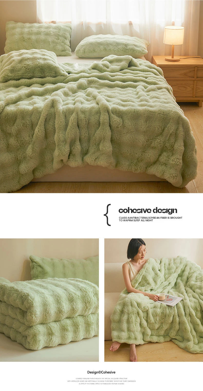 Ultra Soft Luxury Flffy Faux Rabbit Fur Blanket, Thick Winter Warm Throw Blankets, Plush Cozy Bubble Fleece Blankets Home Decor