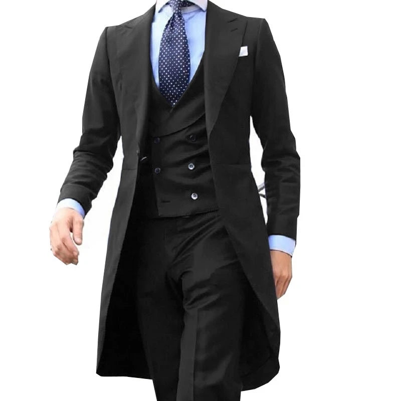 2023 New Arrivel Long Coat Designs Chinese Red Men Suit Gentle mens Tuxedo Prom Blazer Custom 3 Pieces (Jacket+vest+Pants)