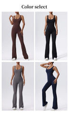 V Back Scrunch Gym Set Women Sport One-Piece Suit Yoga Suit Flared Pants Women Sports Jumpsuit Fitness Rompers Workout Bodysuits