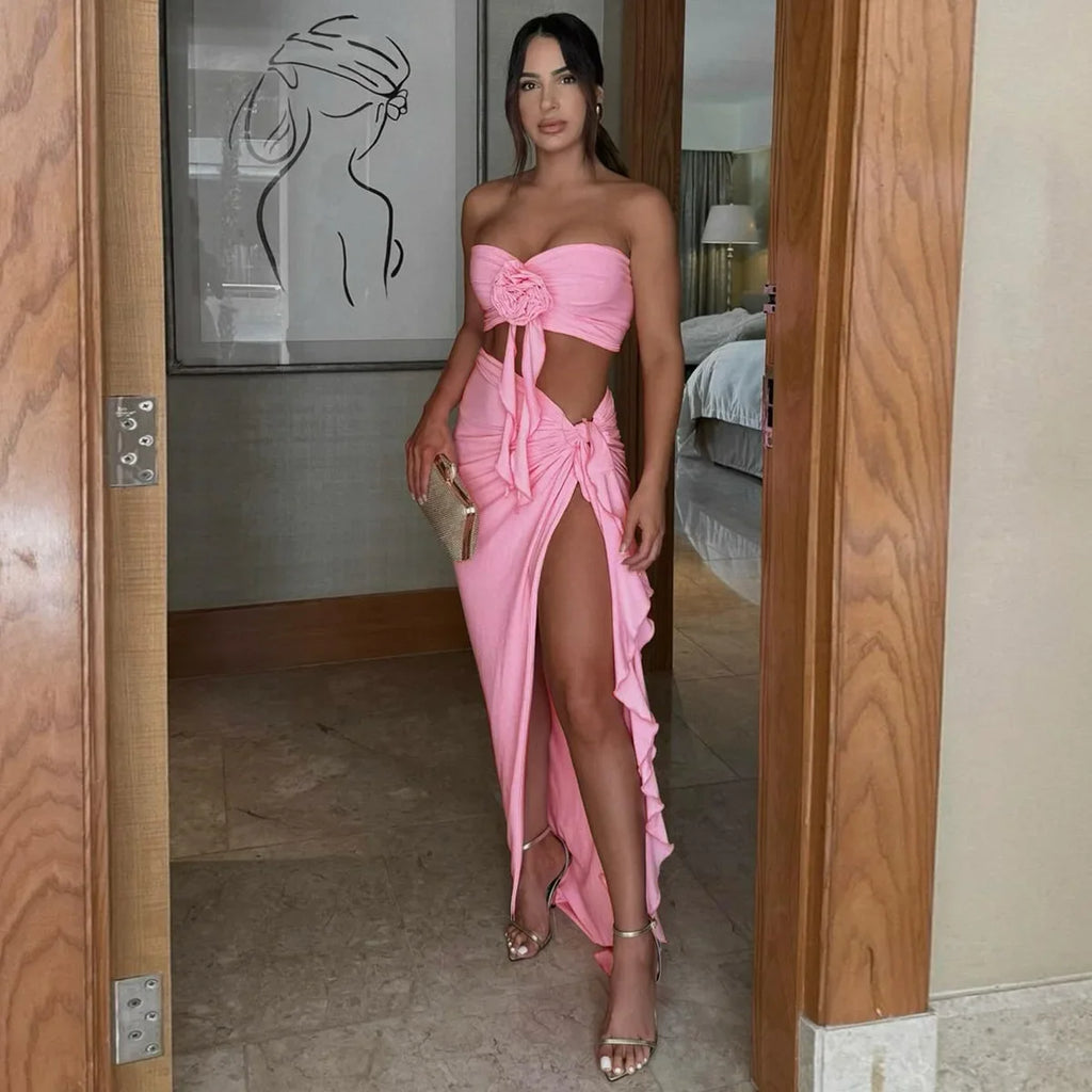 Women's Elegant Two Pieces Dresses Suits Flower Corset Top and High Slit Long Skirts Matching Sets Red Pink Vacation Outfit & 2026