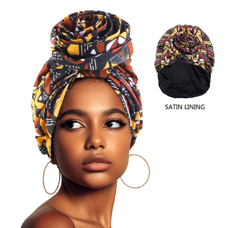 Woman African Satin Lined Turban Cap Big Flower Hat Floral Printed Headwrap Bonnet Muslim Headscarf Ladies Beanies Main image