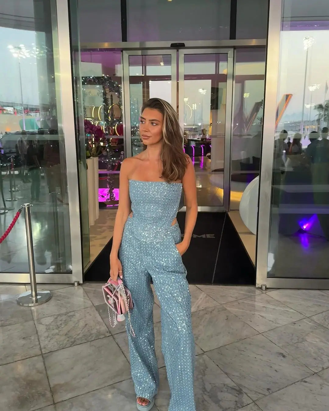 Fashion Sequins Denim Set Women Strapless Tunic Waist Crop Top and Wide Leg Pant Suit 2025 &2026 New 2 Piece Sets Outfits Tracksuit