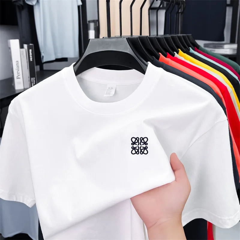 Summer Luxury 100%cotton Man Short-Sleeved T-Shirt Round Neck Delicate Embroidery Absorb Sweat Ventilate Leisure Men's Clothing Main image
