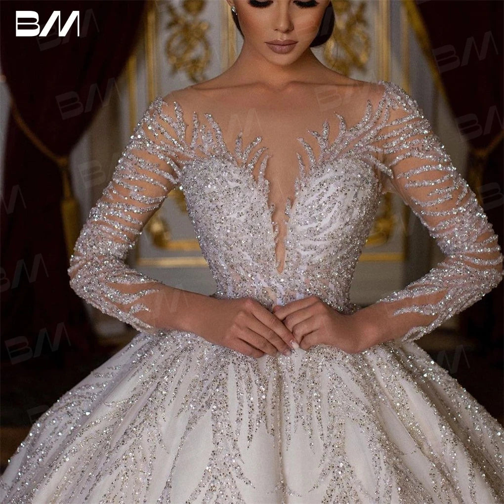 Beaded Sexy Bride Dresses Vestidos De Novia Luxury Hand Beaded Long Sleeve Wedding Dress Ball Gown Long Chapel Train Secondary image