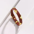 Fashion Leather Bracelet for Women Men with Gold Tone Butterfly Studs, Adjustable Wristband, 6 Colors Available, Trendy Gift