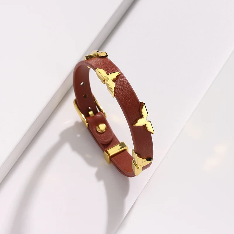Fashion Leather Bracelet for Women Men with Gold Tone Butterfly Studs, Adjustable Wristband, 6 Colors Available, Trendy Gift
