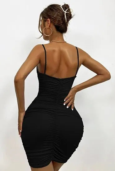 Sexy Women's Backless V-neck Buttocks Wrapped Pleated Tight Fitting Suspender Dress Spring Party 2024 New Model