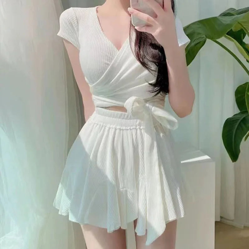 Women'sSwim Set Ribbed V Neck Wrap Crop Top With Tie Waist And Ruffled Flared Skirt Cover Up Modest Summer Bathing Suit Swimwear Secondary image