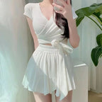 Women'sSwim Set Ribbed V Neck Wrap Crop Top With Tie Waist And Ruffled Flared Skirt Cover Up Modest Summer Bathing Suit Swimwear