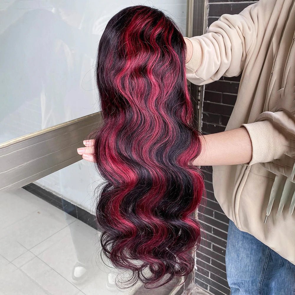 Ombre Red With Blonde Highlights Body Wave 5x5 Glueless Wigs Human Hair Burgundy for Women Pre Plucked 200 Density Colored Wig