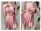 Women'sSwim Set Ribbed V Neck Wrap Crop Top With Tie Waist And Ruffled Flared Skirt Cover Up Modest Summer Bathing Suit Swimwear