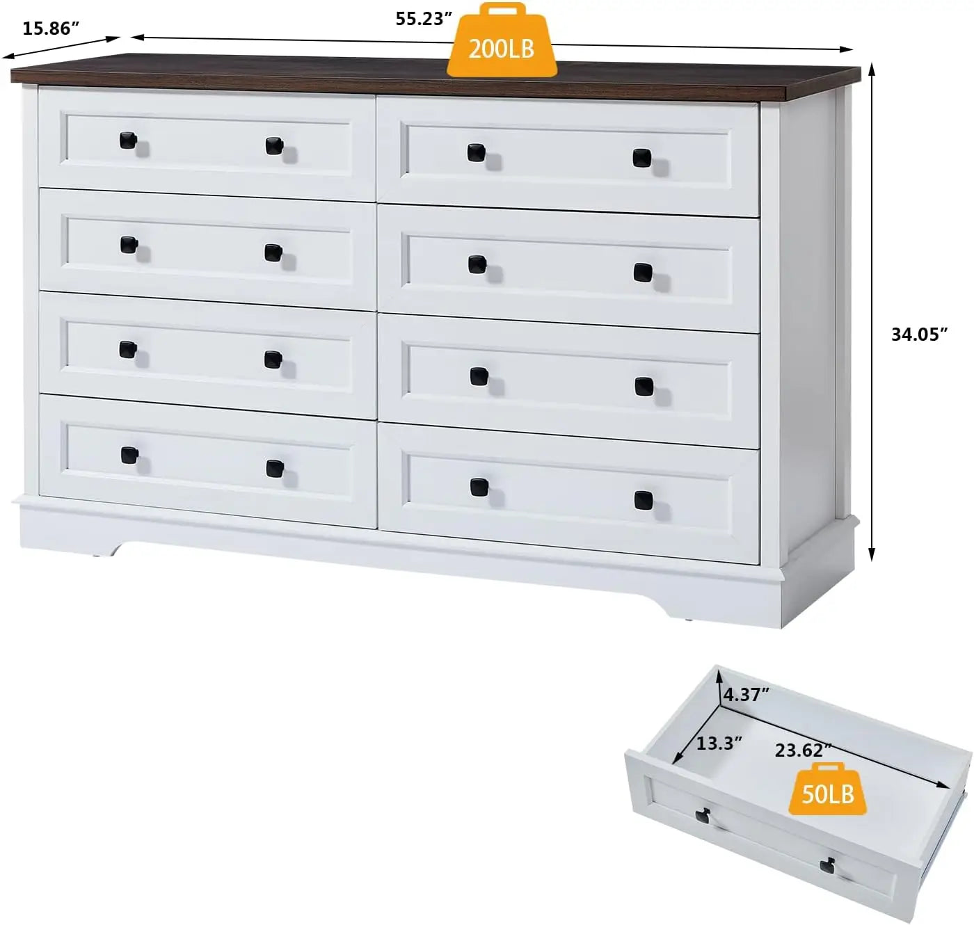 Dresser for Bedroom, Farmhouse Dresser with 8 Wooden Drawers and Storage Cabinet, 55 Inches Wide Chest of Drawers for Bedroom, L