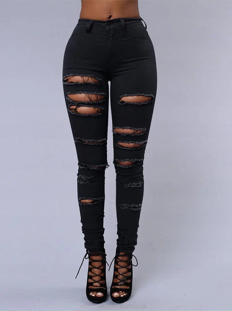New Spring Summer Elastic Trousers Black and White Ripped Jeans Fashion Sexy Skinny Denim Pencil Pants S-3XL Drop Shipping Secondary image