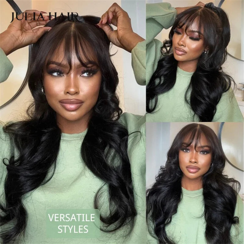 Julia Hair 13X4 Bangs Lace Front Wig Human Hair Wear and Go Glueless Wig Brazilian Loose Wave Human Hair Wig Density 150%