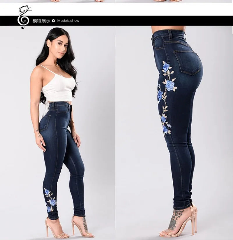New Women's High Waist Embroidered Jeans Fashion Slim Stretch Denim Pencil Pants Street Trendy Trousers S-3XL Drop Shipping