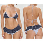 Combhasaki Women 2Piece Bikini Set Fashion Lace-up Halter Neck Frill Trim Padded Bra + Thong Skirt Swimsuits Summer Bathing Suit