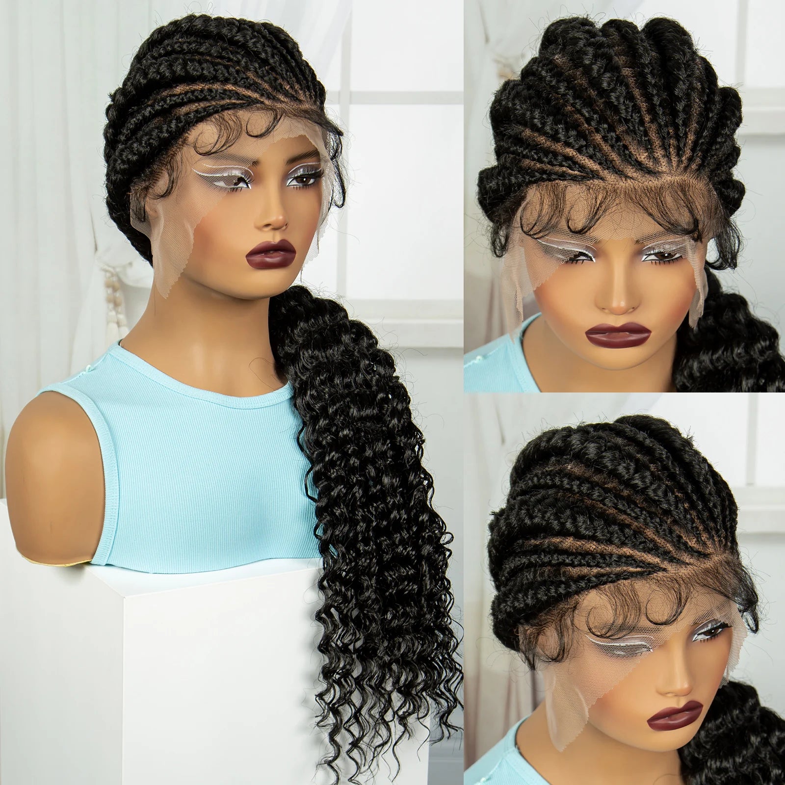 Handmade Cornrow Braided Wigs 30inch Synthetic Full Lace Kontless Braids Wigs Lace Frontal Box Braided Lace Wigs for Black Women