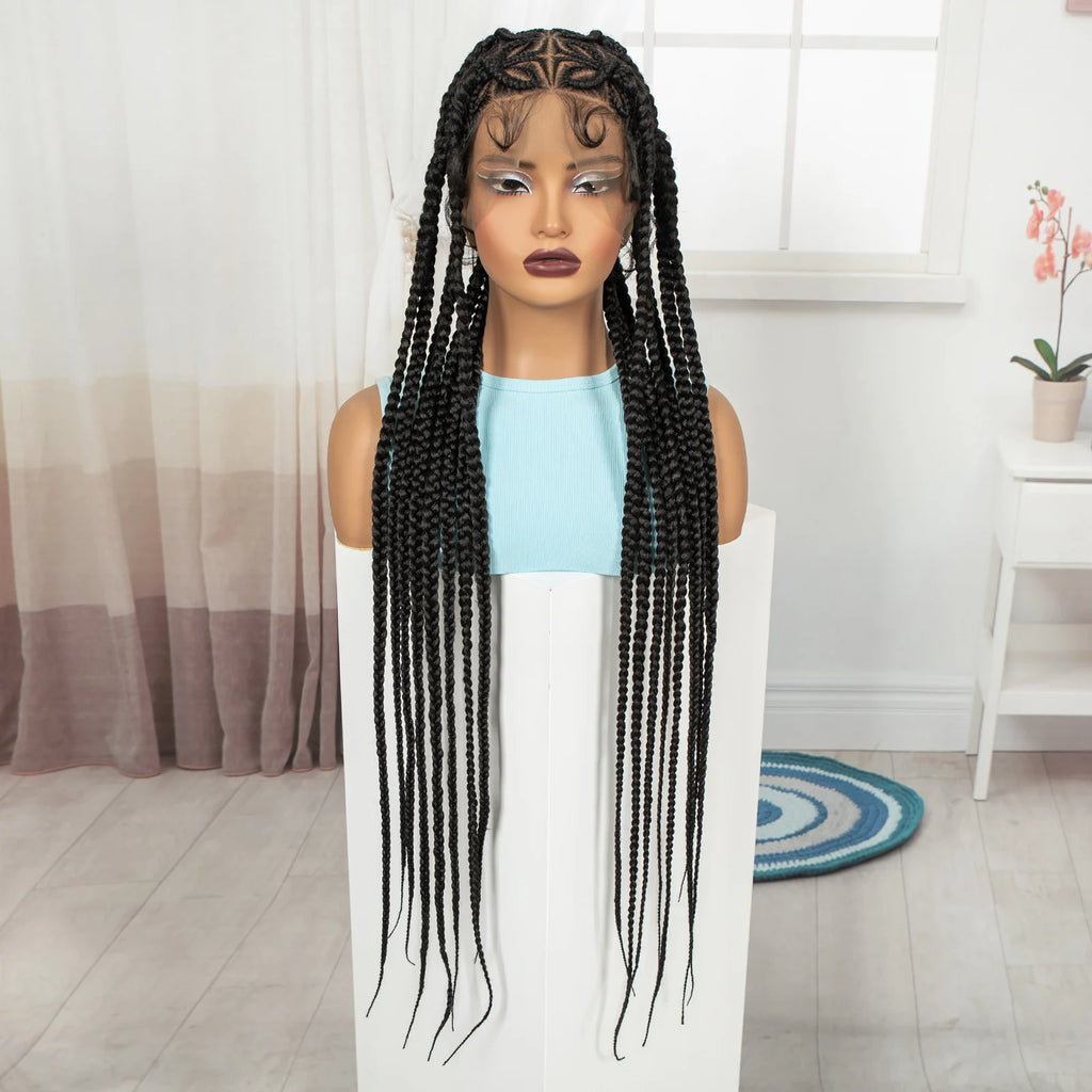 36in Full Lace Cornrow Braided Wigs Synthetic Natural Braiding Hair Wigs Box Braided Lace Wigs with Baby Hair for Black Women