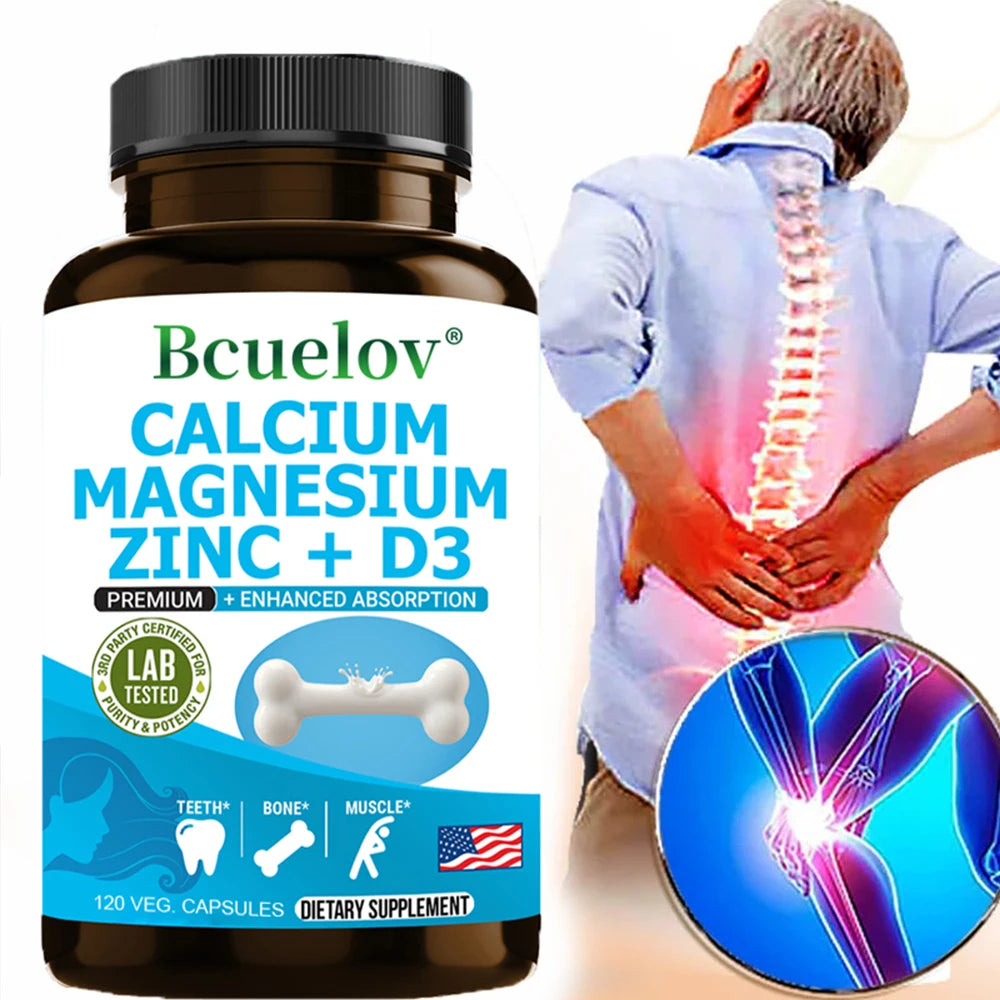 Bcuelov Calcium Magnesium Zinc Vitamin D3 Supplement - Bones Teeth Muscles Nerves Metabolism Protein Synthesis Immune System Main image