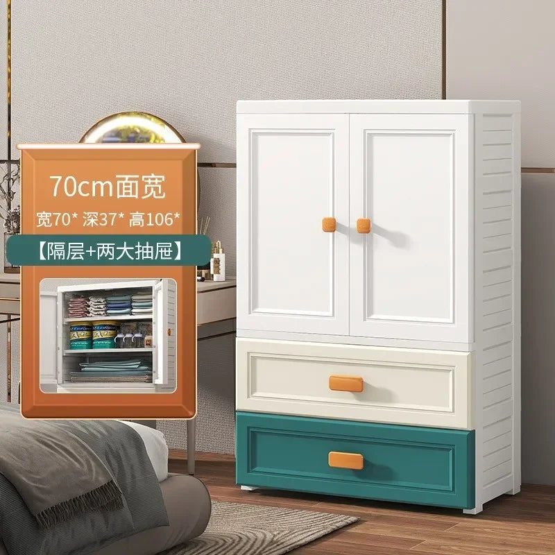 New model 70-Face wide thickened wardrobe simple bedroom plastic cabinet double door drawer type clothes hanging storage cabinet