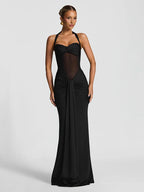 kliou Patchwork Elegant Women Maxi Dress Classic Sexy Sheer Ribbons Halter Backless Bodycon Female Trend Festival Evening Wear