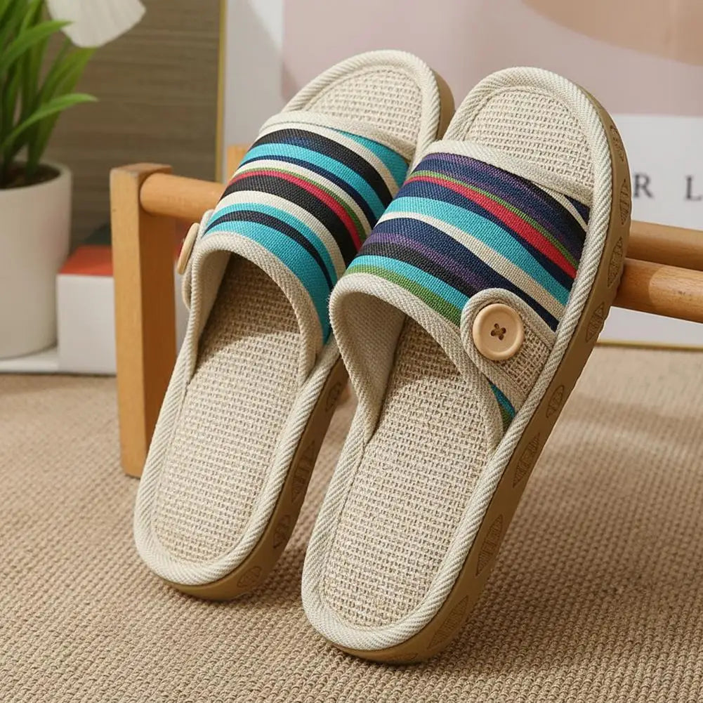 Striped Linen Open Toe Slippers Breathable Indoor House Slippers Anti Slip EVA Sole Lightweight Casual Home Slides For Men Women