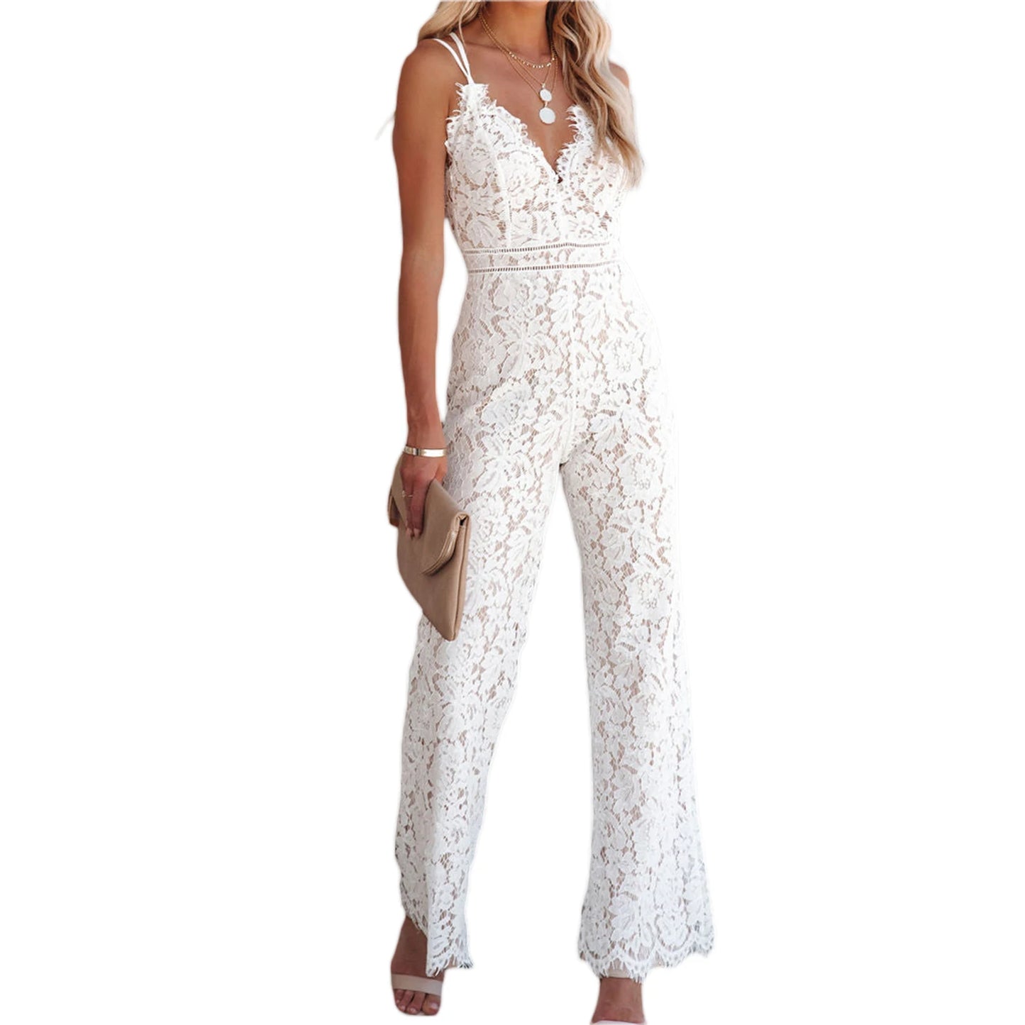 Women's Clothing Elegant Jumpsuit, Spaghetti Straps V Neck Solid Color Lace Open Back Wide-leg Jumpsuits Long Playsuit