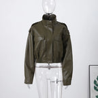 Vintage Zippers Short Leather Jackets Women's Casual Lapel Button Pockets Full Sleeve Coat 2025 Autumn New Lady Chic Streetwear