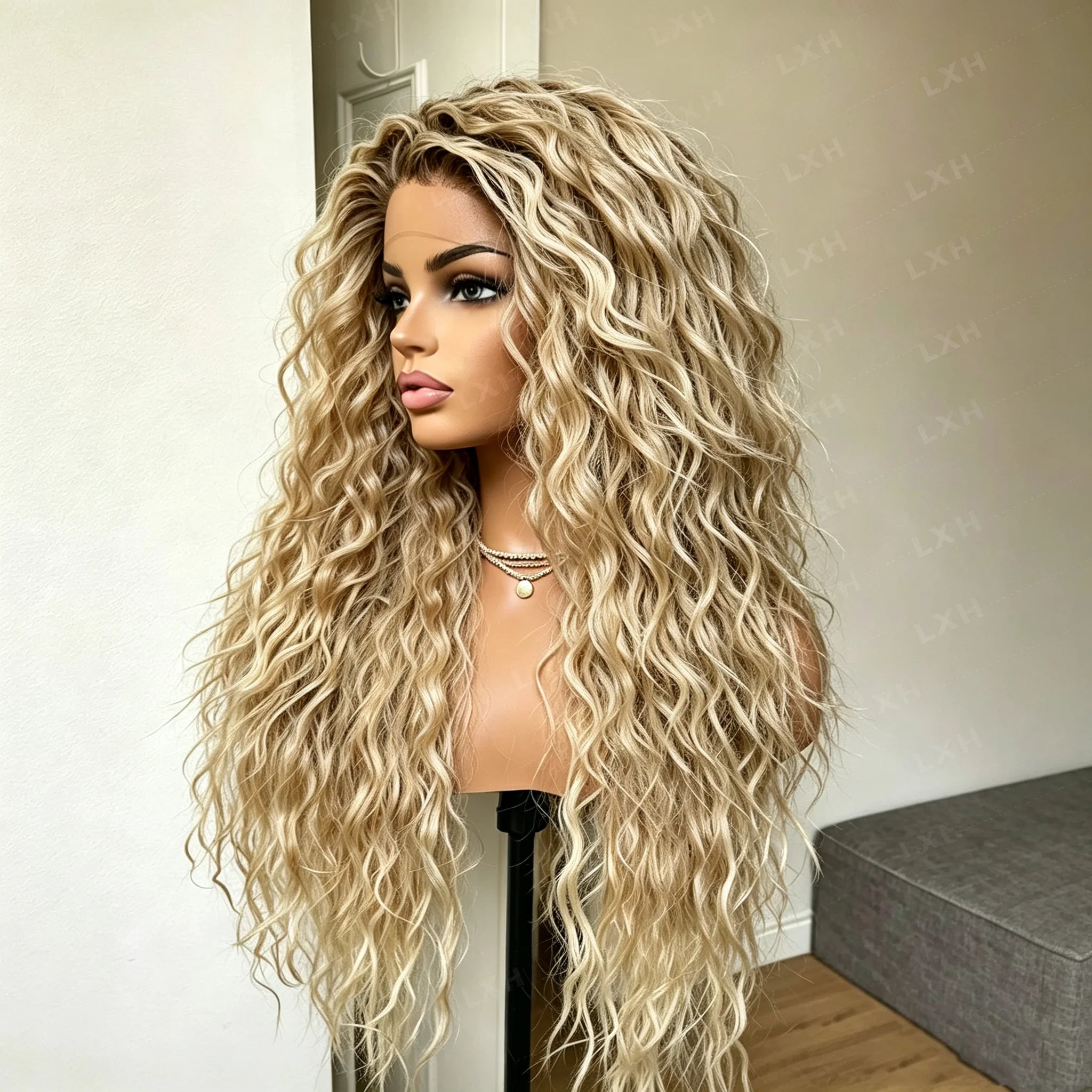 Glueless Soft Women's Ombre Blond Kinky Curly Wig 26 Inch Long 180 Density Pre-plucked Synthetic Lace Front with Baby Hair for D