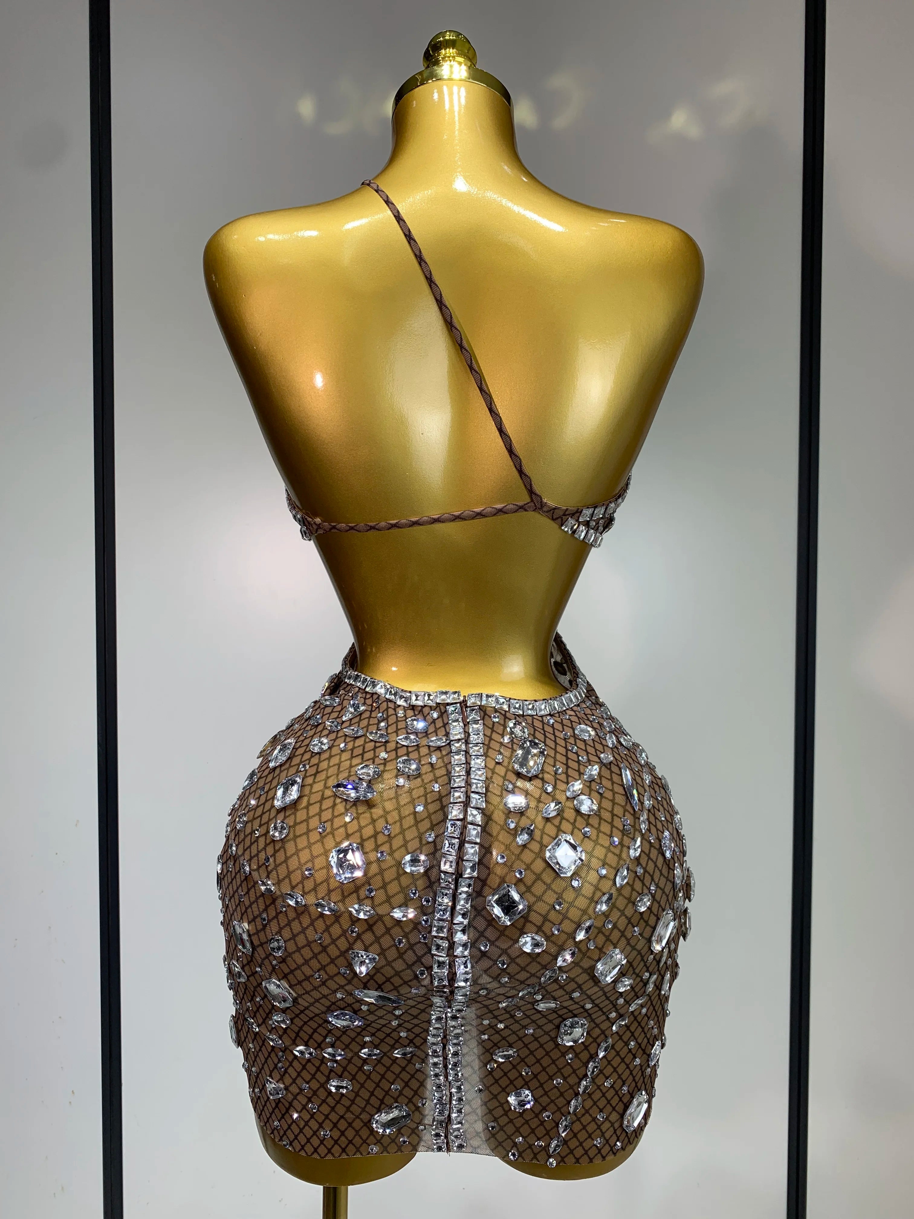 Sexy Sparkly Diamond Backless Short Dress 2026 Women Sleeveless Mesh See Through Evening Birthday Gown Singer Stage Outfit