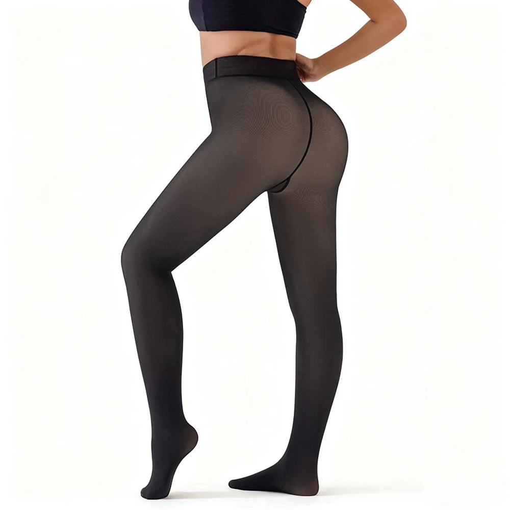 New Women Fleece Lined Black Tights Sheer Fake Translucent Warm Winter Pantyhose Leggings Outfit Thick Tights Invisible Crotch