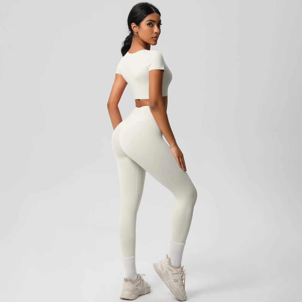 2PCS Woman Gym Sports Yoga Set Knitted Slim Workout Top Short Sleeve Quick Drying Legging Fitness Pants Running Sports Yoga Suit