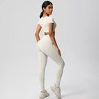 2PCS Woman Gym Sports Yoga Set Knitted Slim Workout Top Short Sleeve Quick Drying Legging Fitness Pants Running Sports Yoga Suit