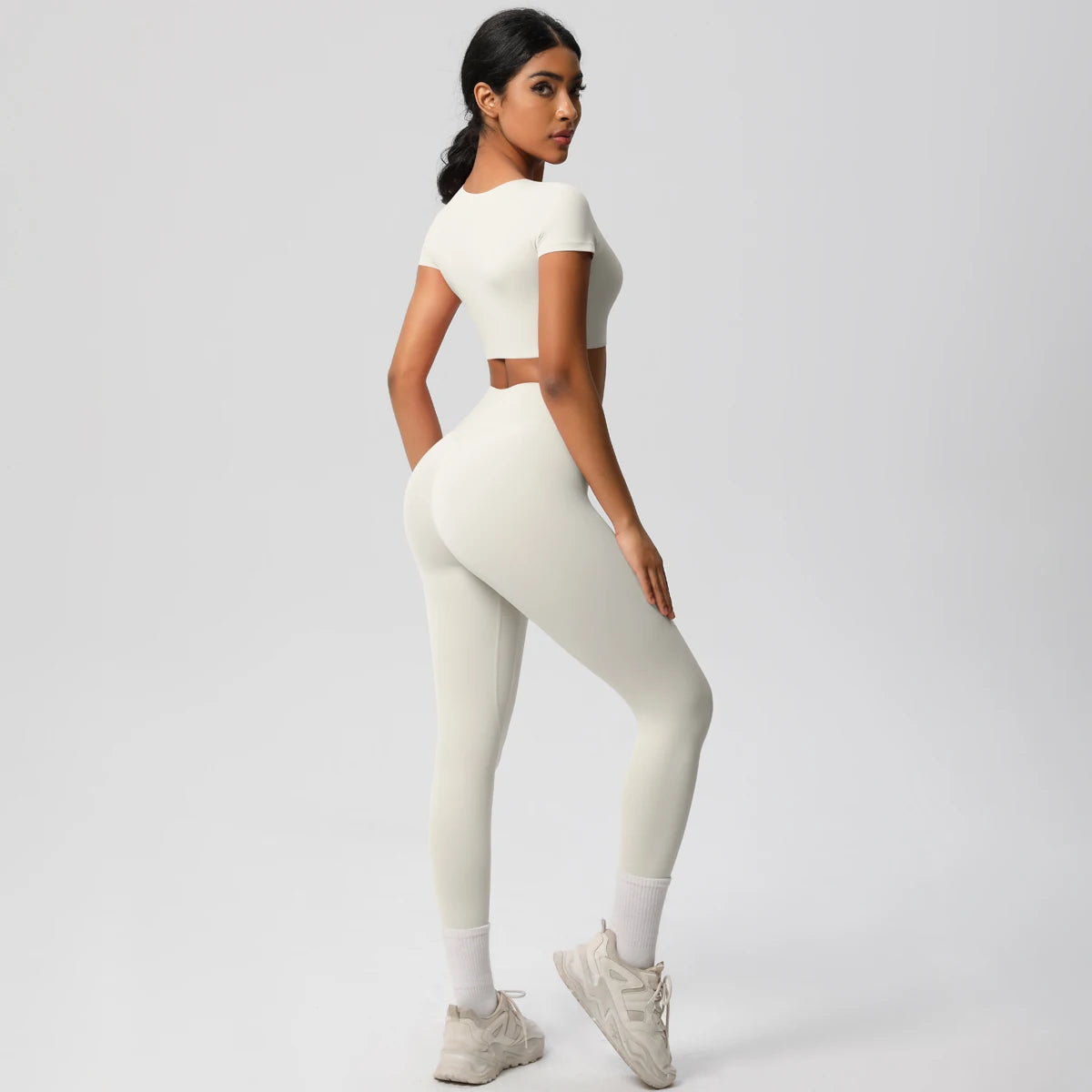 2PCS Woman Gym Sports Yoga Set Knitted Slim Workout Top Short Sleeve Quick Drying Legging Fitness Pants Running Sports Yoga Suit