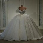 Customized One Shoulder Heavy Pearls Beads Ballgown Wedding Dresses Robe De Mariée Princess Fluffy Sparkle Sequins Bridal Gown