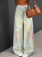 2026 Trend Y2K Style Graffiti Design Vintage Blue Baggy Women's Ripped Jeans Pants For Woman Clothing Straight Denim Trousers