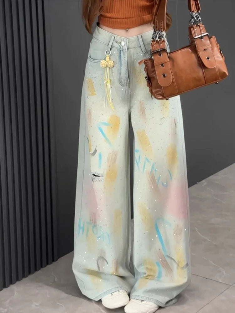 2026 Trend Y2K Style Graffiti Design Vintage Blue Baggy Women's Ripped Jeans Pants For Woman Clothing Straight Denim Trousers