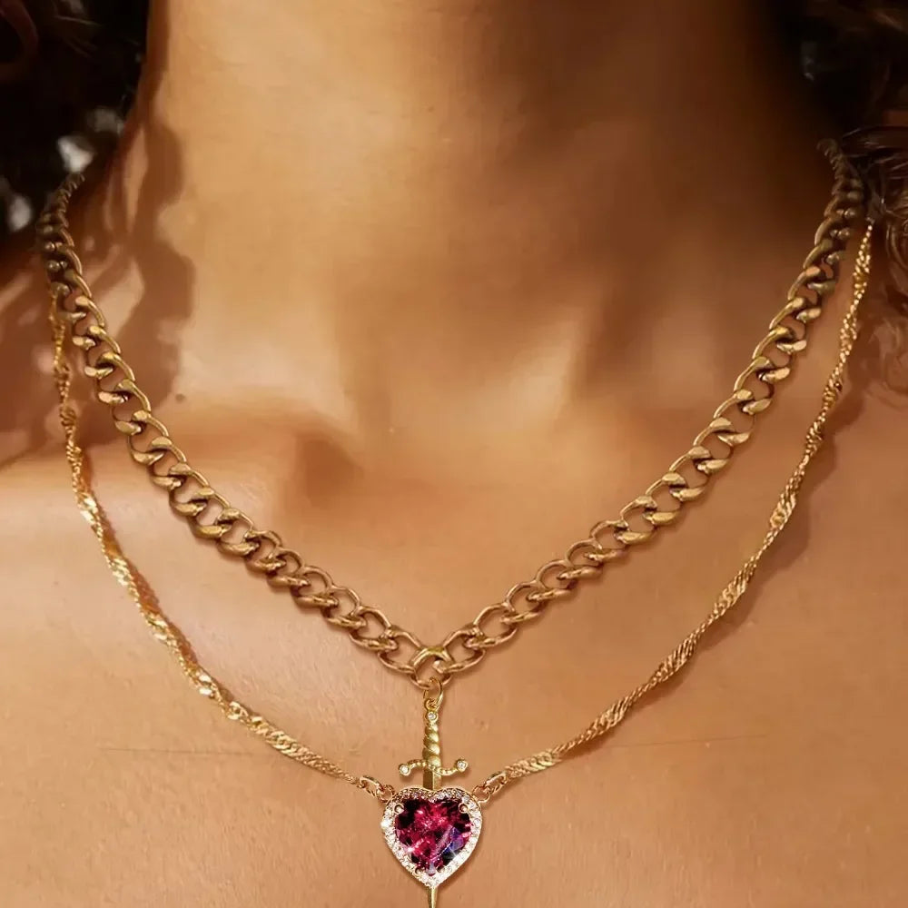 Heart and Sword Necklace Couple Necklaces Zircon Crystal Ring Bracelet Necklace Jewelry Set for Romantic Valentine's Day Gifts