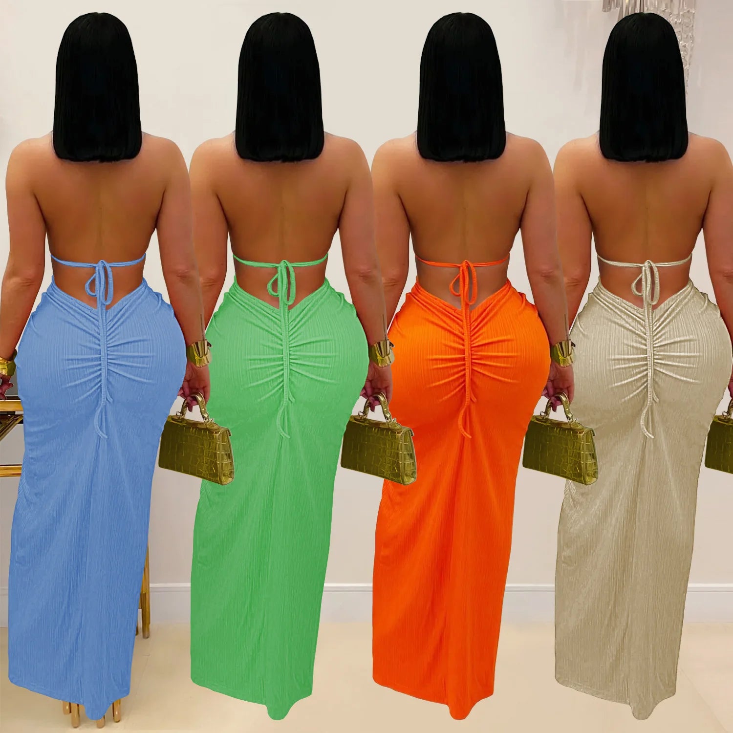 Women's Hollow Out Sleeveless Sexy Knitted Halter Neck Backless Solid Color Dress for Summer 2025 Secondary image