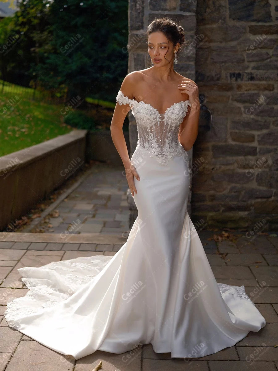 Vintage Wedding Dresses Satin Bridal Gowns Lace Appliques Off The Shoulder Robes Sweep Train Vestidos De Novia Customized 2026