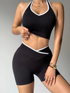 Gym Exercise Set For Women 2pcs Set Yoga Suit Black And White Patchwork Fashionable Halter Top High-Waisted Breathable Shorts