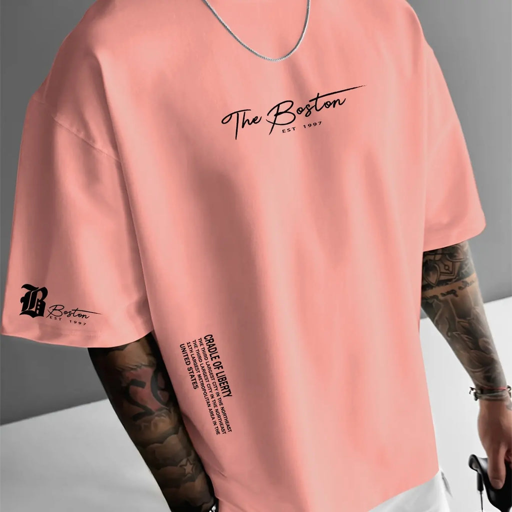 Men's summer 100 cotton fashionable casual sports loose Boston city slogan printed round neck short sleeved T-shirt top