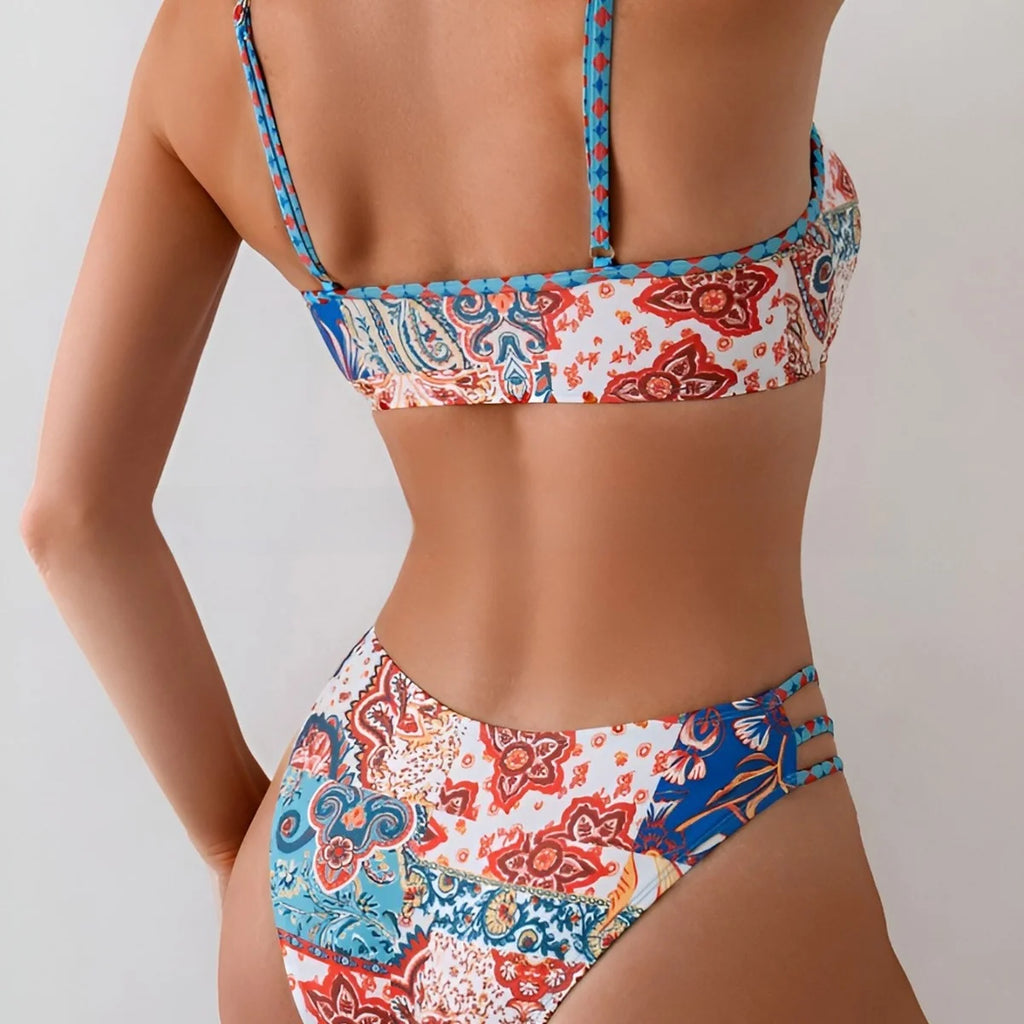 Sexy Floral Print Women's Bikini Set Fashionable Trendy Strapless Backless Design with Chest Pad No Steel Support for Swimming