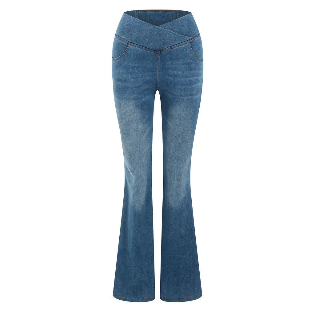 Stretch Denim Flared Pants Womens' Shiny High-Waist Denim Pants Lightweight Flare Jeans Slimming Fit Ladies' Trousers Ropa Mujer